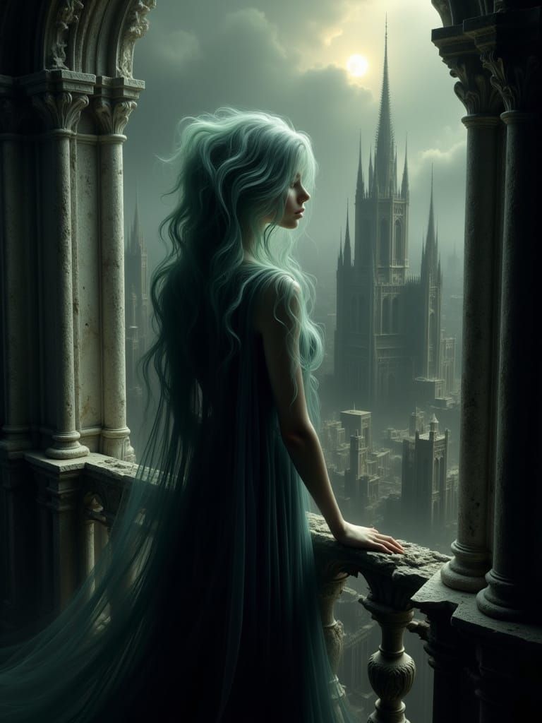 Spectral Woman on Gothic Balcony, Moody Cityscape