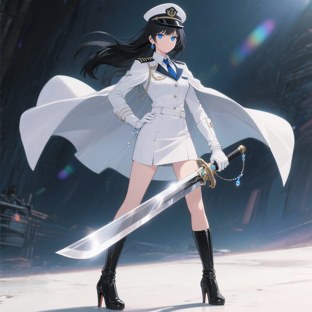 Anime Female Admiral with Sword and Cape in White Uniform