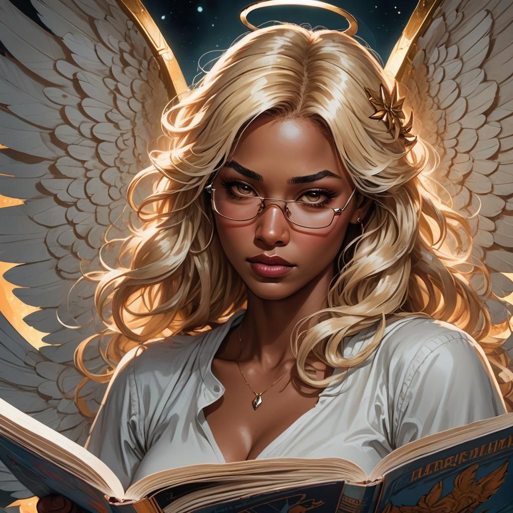 Nerdy Angel Girl Reading: Comic Book Art Portrait