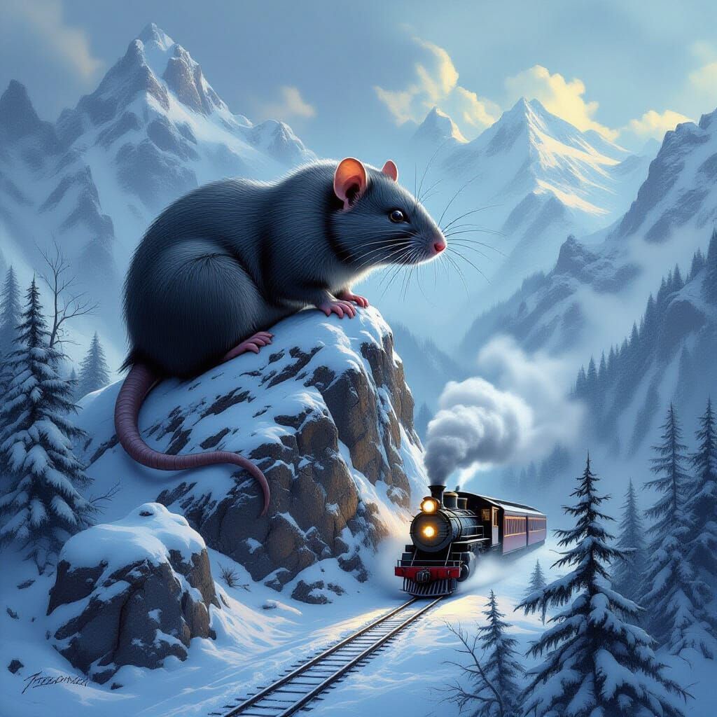 Ancient Rat on Snowy Peak Over Vintage Train