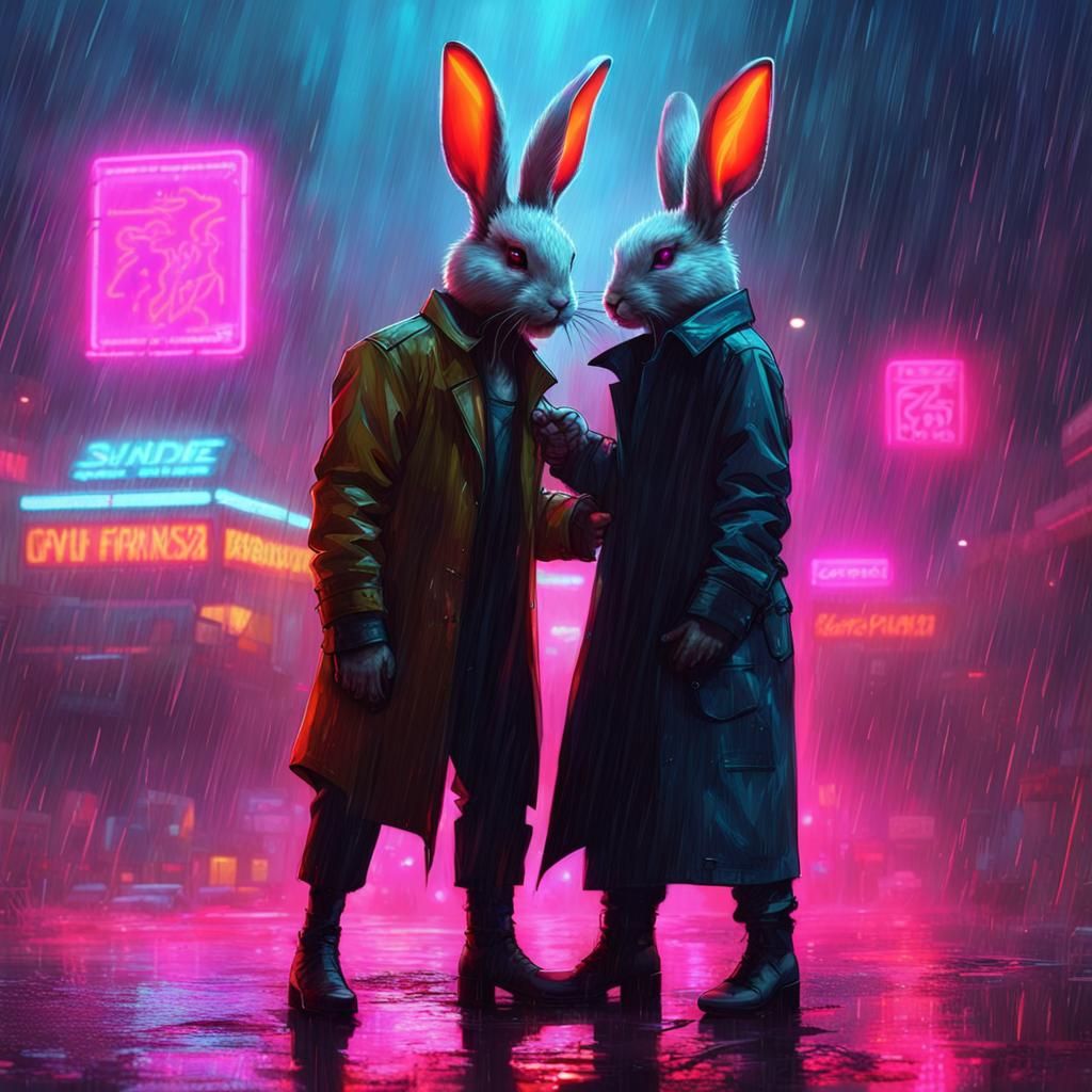 Cyberpunk Rabbits Quarrel in Neon Rain