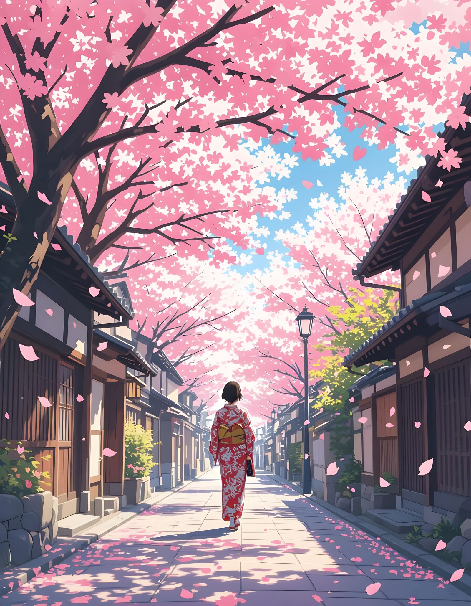 Woman Walking Through Windblown Sakura Petals in Japanese Sp...