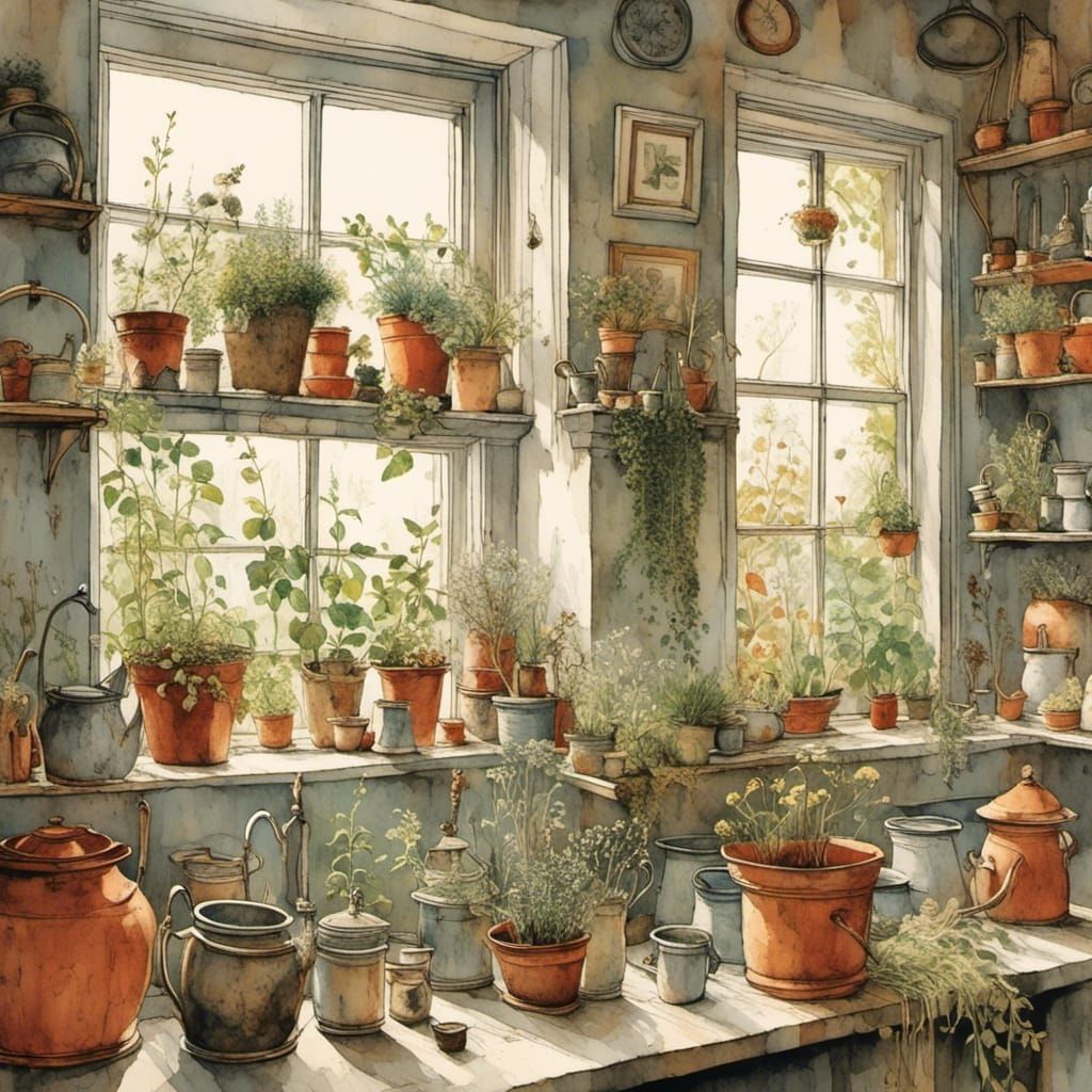 Cozy Kitchen: Herbs on Windowsill, Intricate Details