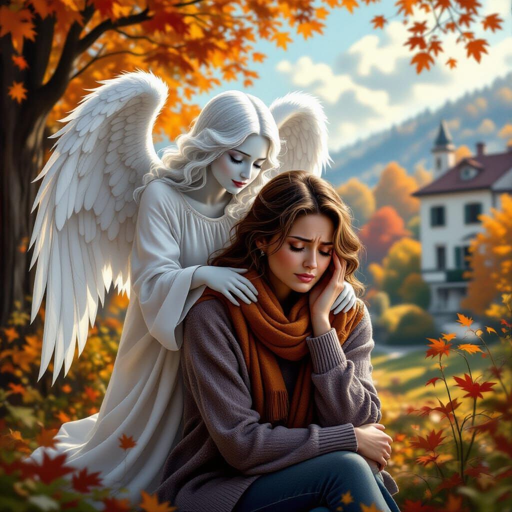 Ghostly Angel Comforts Grieving Woman in Autumn Forest