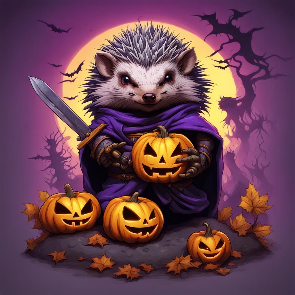 Tattooed Ninja Hedgehog Celebrates Halloween: Dark Fantasy A...