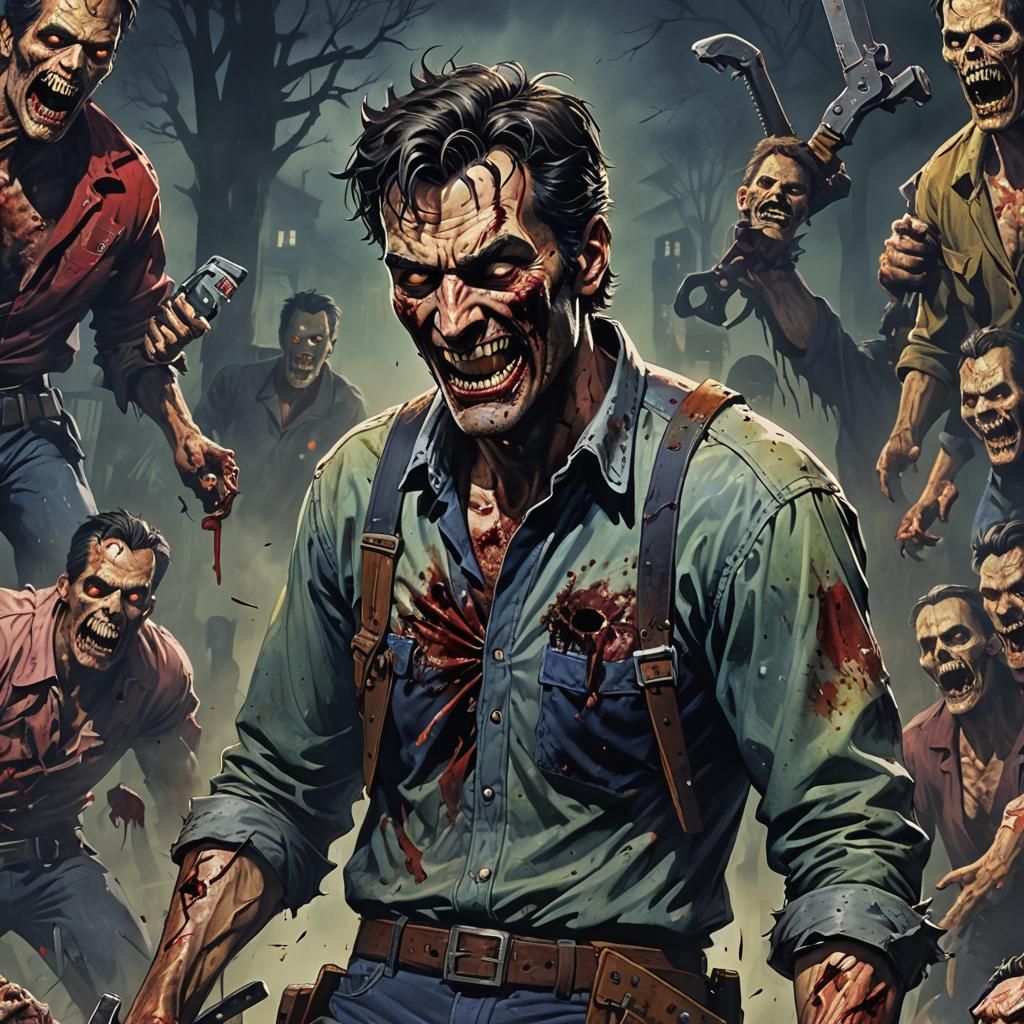 Zombie Ash Williams Laughing in Anime Horror Style