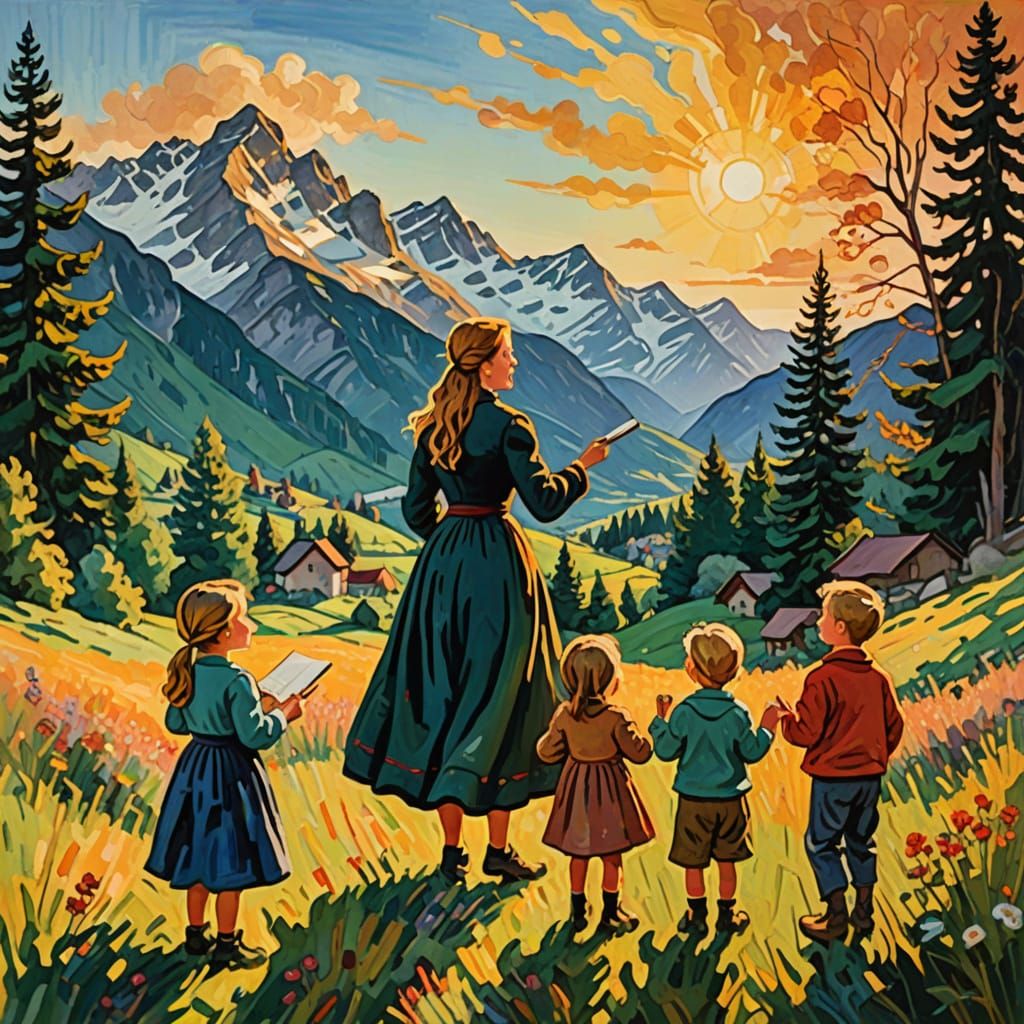 Maria Sings in Alps: Gouache Impressionist Painting