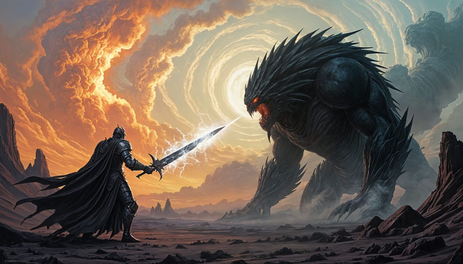 Knight Fights Shadow Beast in Volcanic Wasteland