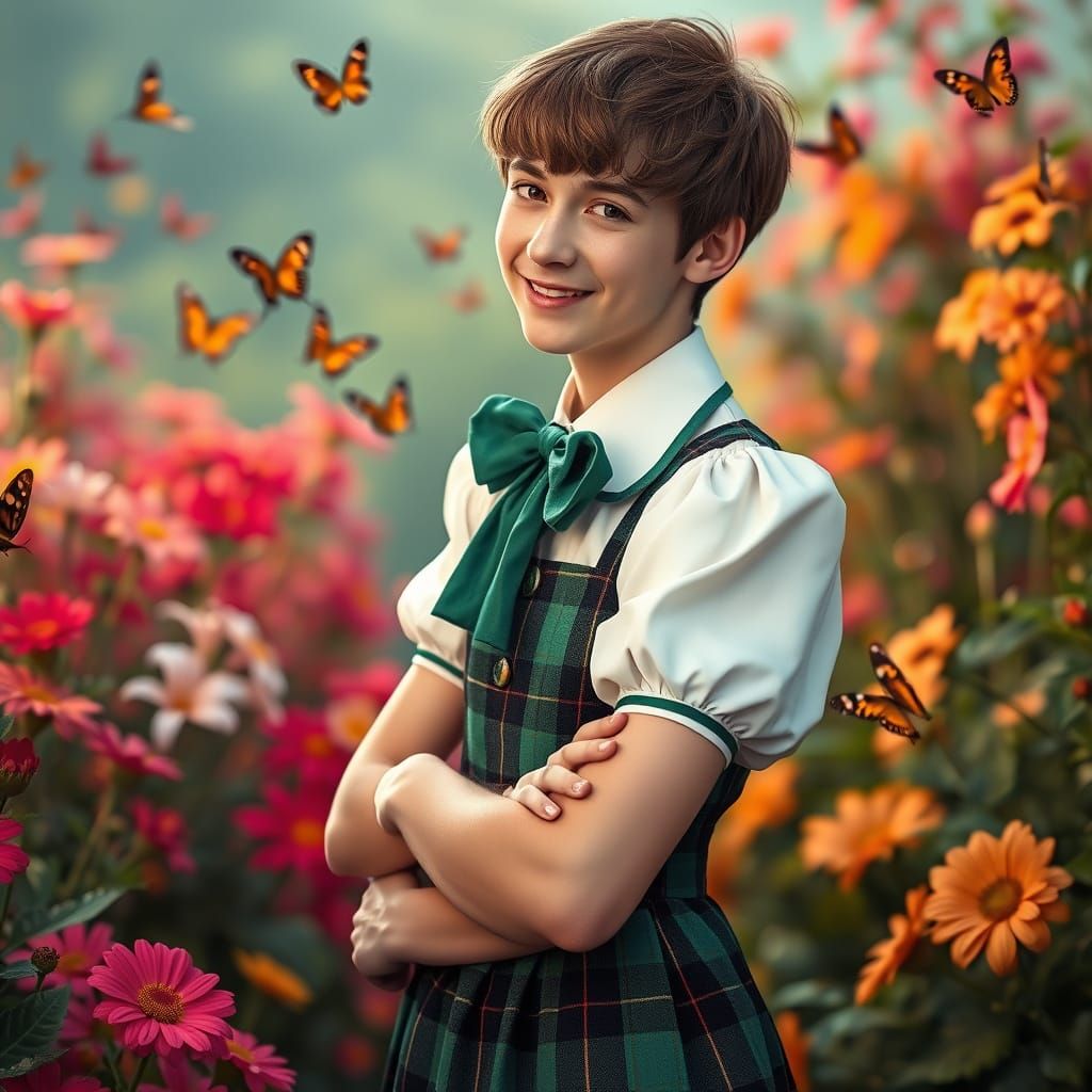 Crossdresser Ethan Smiles in Vibrant Garden