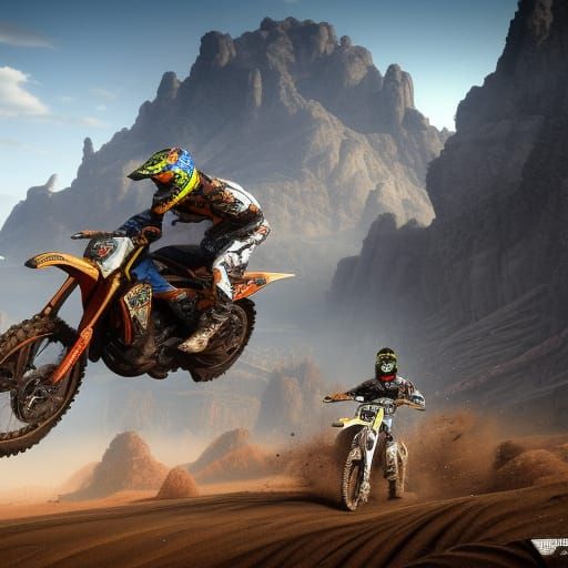 Motocross Race on Dusty Landscape in Detailed Digital Art