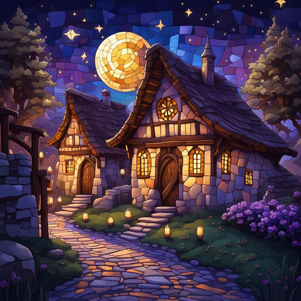 Ancient Romanian Village at Night in Mosaic Style