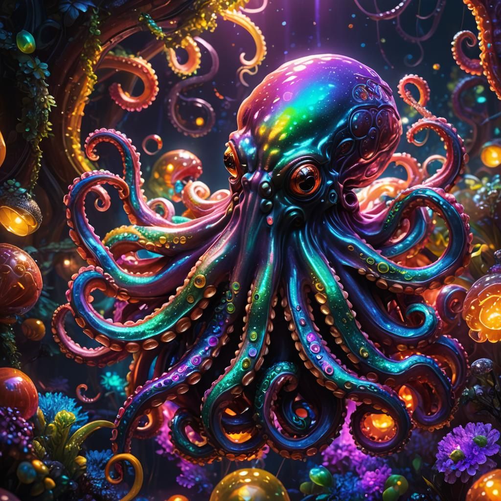 Neon Iridescent Octopus in Metallic Polychromatic Style