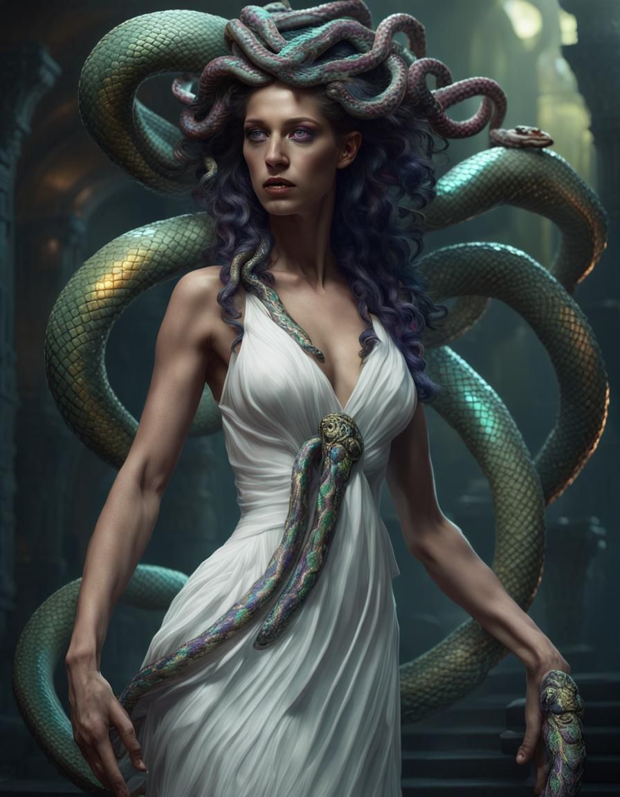 Medusa with Iridescent Snake Hair in Detailed Matte Painting