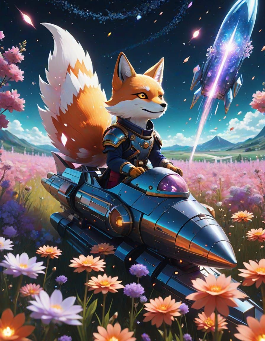 Stardust Kitsune Pilots Rocket Through Crystal Flowers