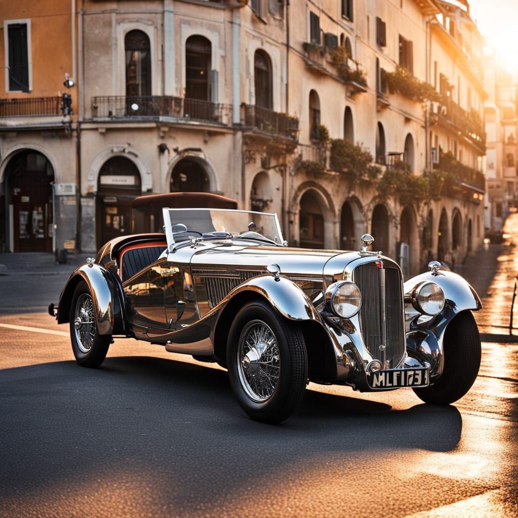 Vintage Chrome Super Sports Car in Sunset Glory