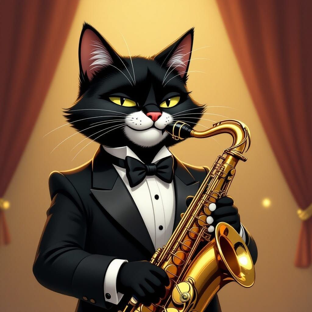 Jazzpaws: Debonair Cat Saxophonist in Art Deco Style