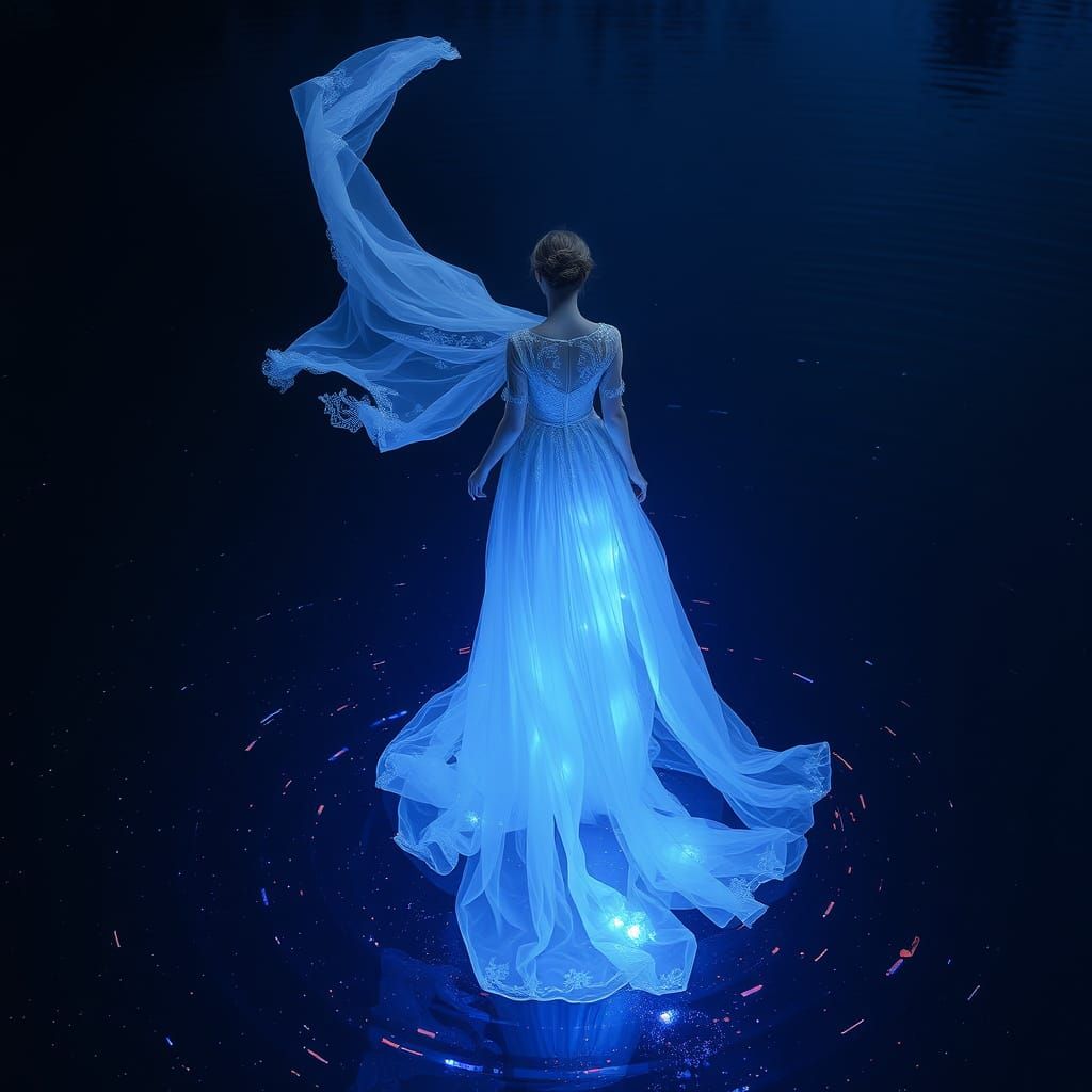 Ethereal Bride in Victorian Gown, Shimmering Lake, and Iride...