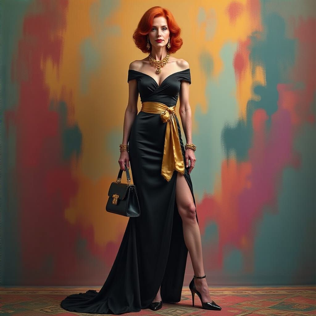 Elegant Redhead in Black Gown, Photorealistic Style