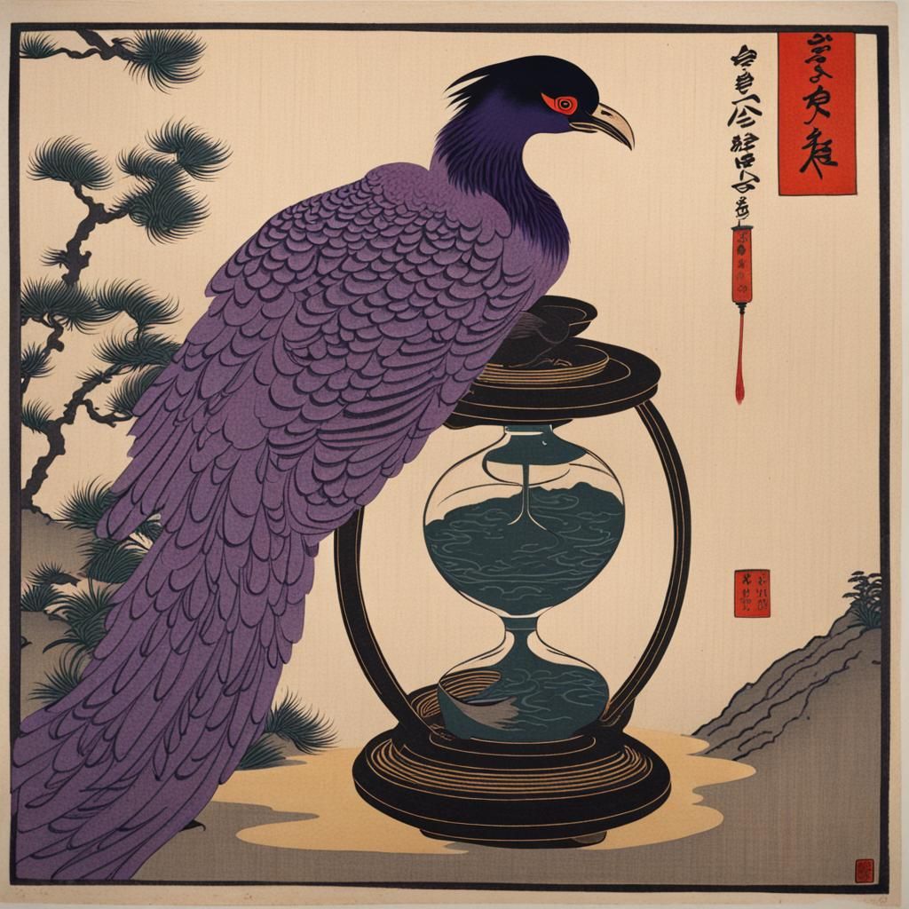 Purple Phoenix and Hourglass in Ukiyo-e Style