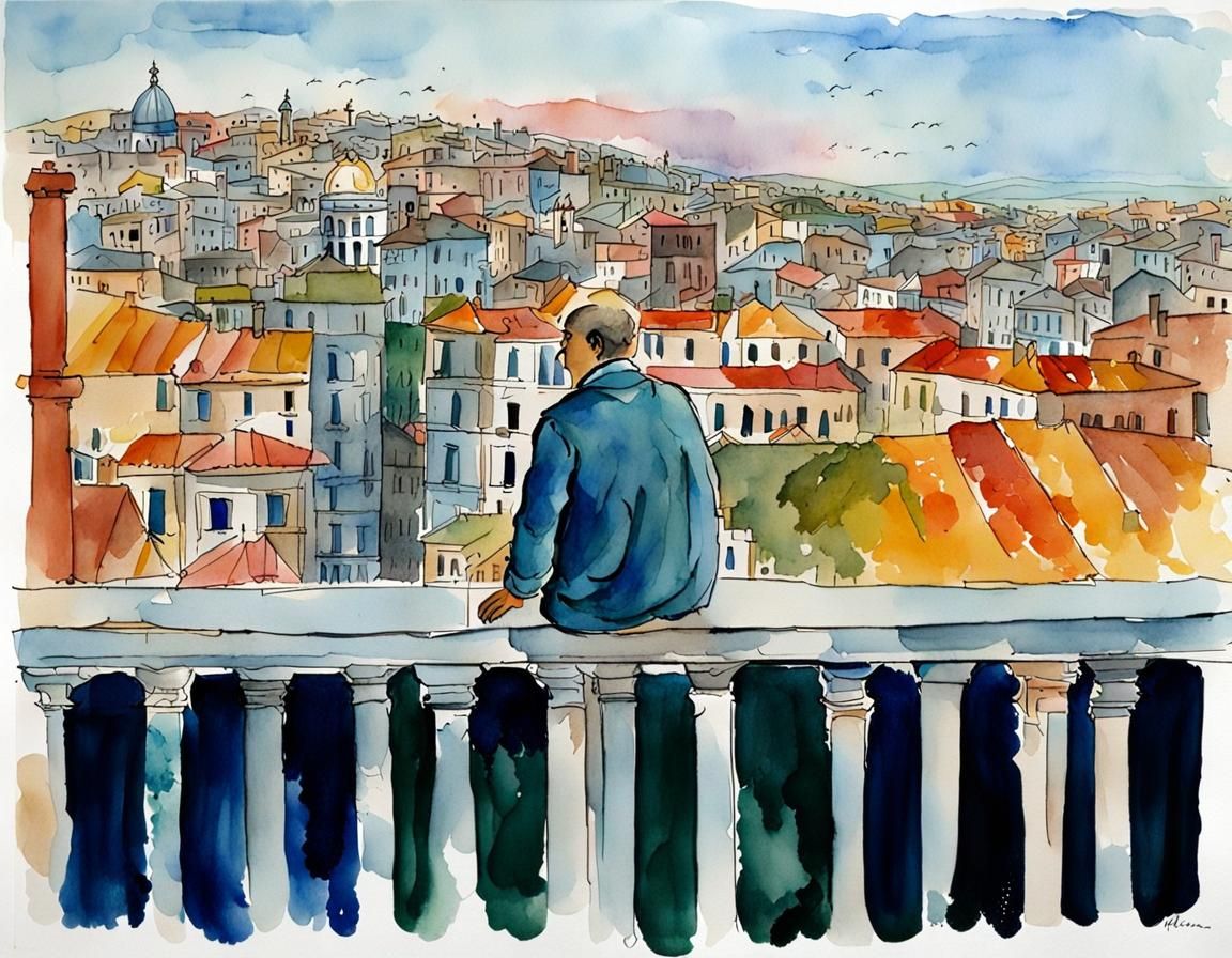 Charming Balcony View in Watercolor and Ink