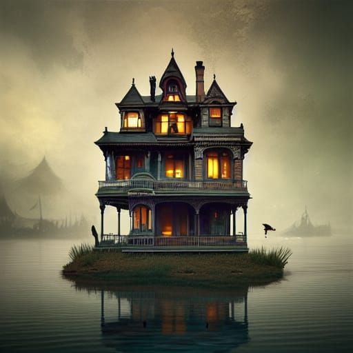 Victorian House on Floating Island, Digital Art