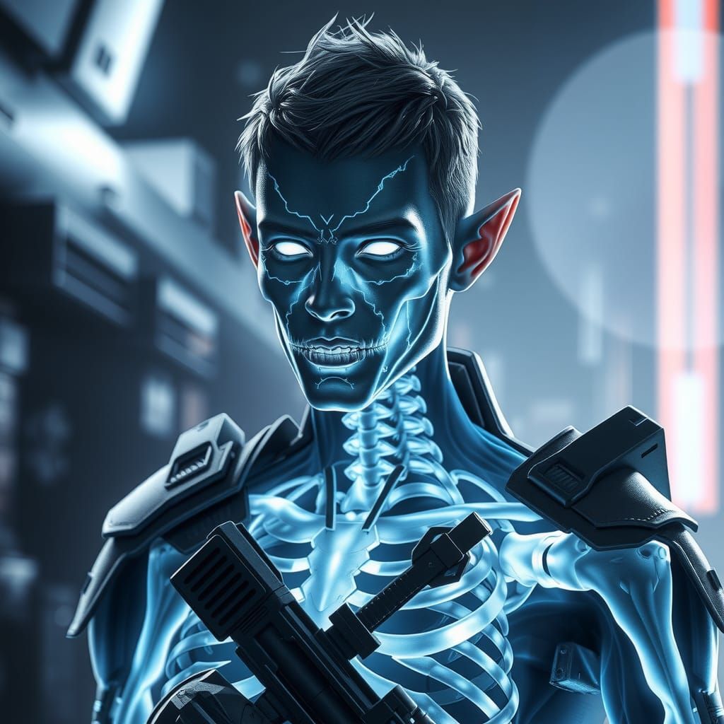 Holographic Elf Soldier in Futuristic Biomechanical Style