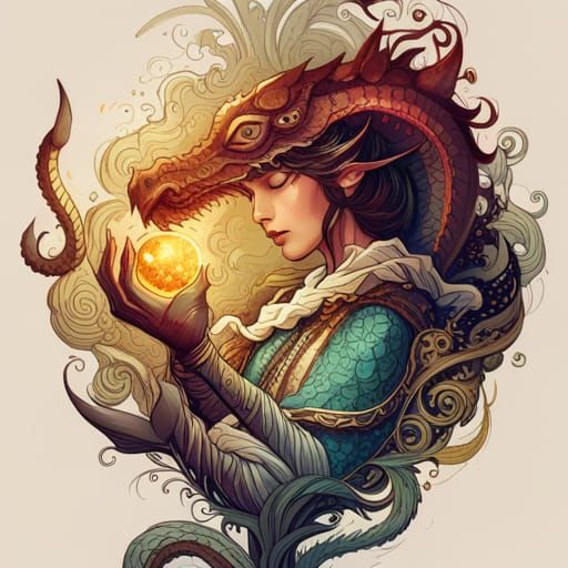 Luminous Dragon with Golden Outlines Digital Painting