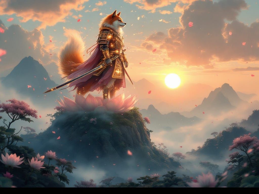 Shiba Inu Samurai on Lotus Flower, Ukiyo-e Style