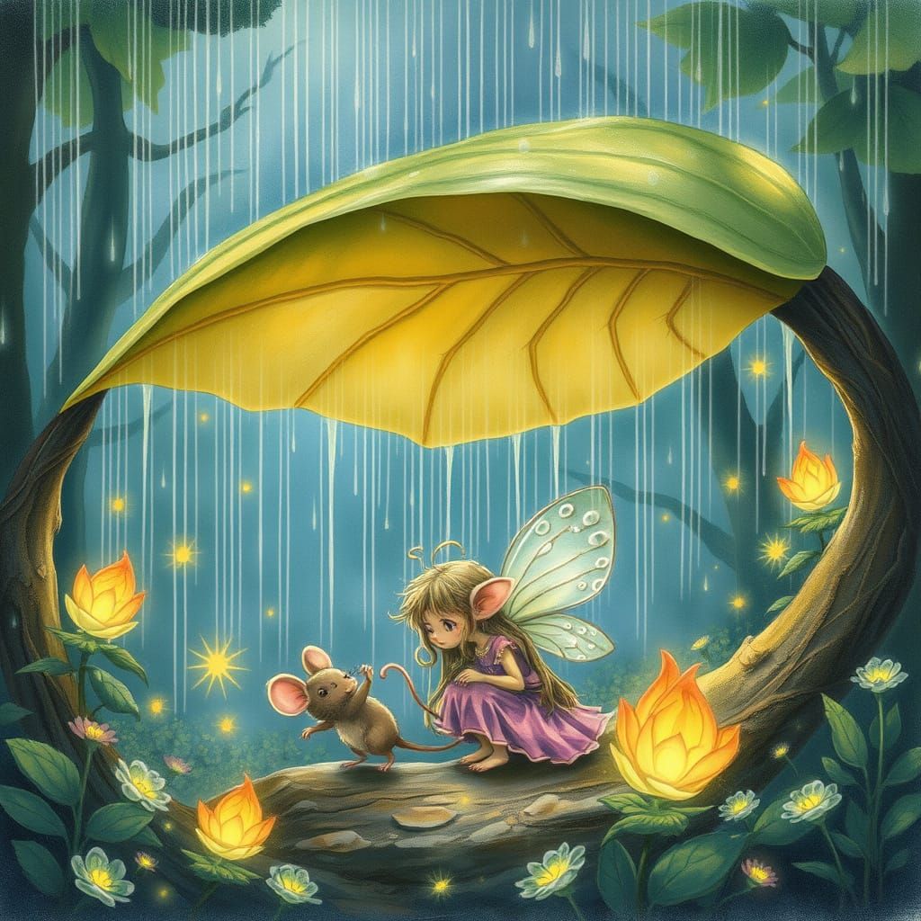 Fairy and Rat in Magical Rainstorm, Watercolor Style
