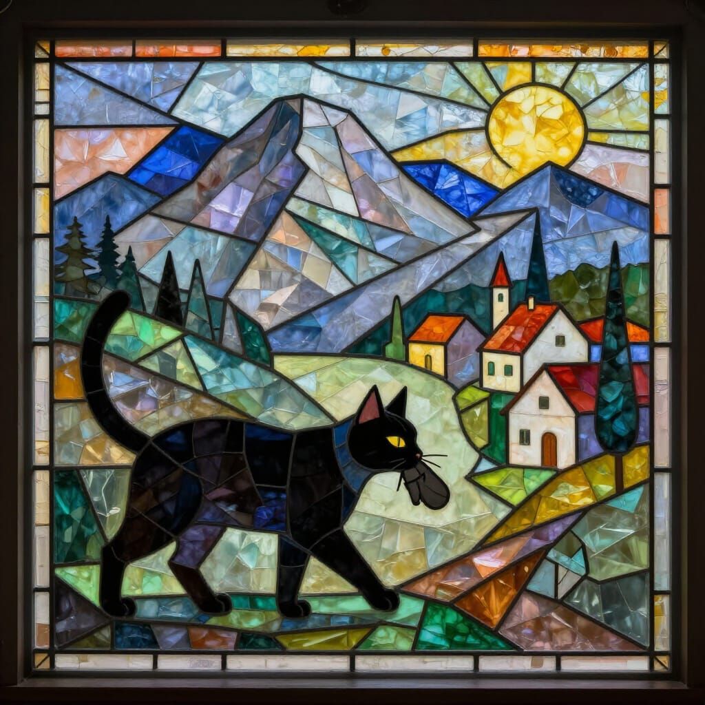 Iridescent Stained Glass Yule Cat Descends Mountain