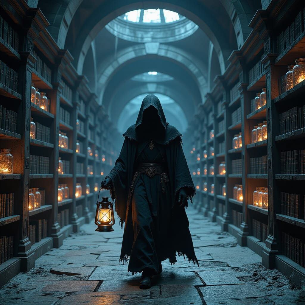 Surreal Figure in Underground Library