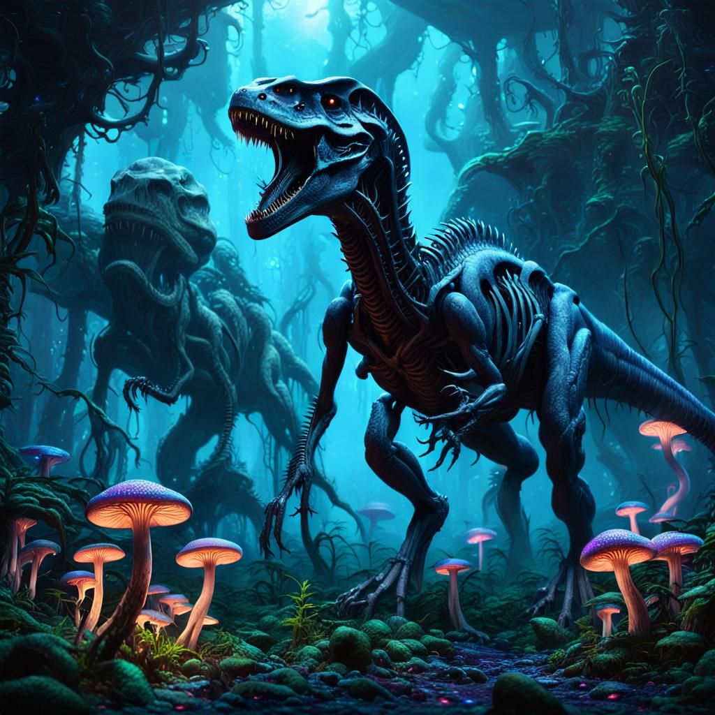 Xenomorph T-Rex Hybrid in Bioluminescent Alien Forest