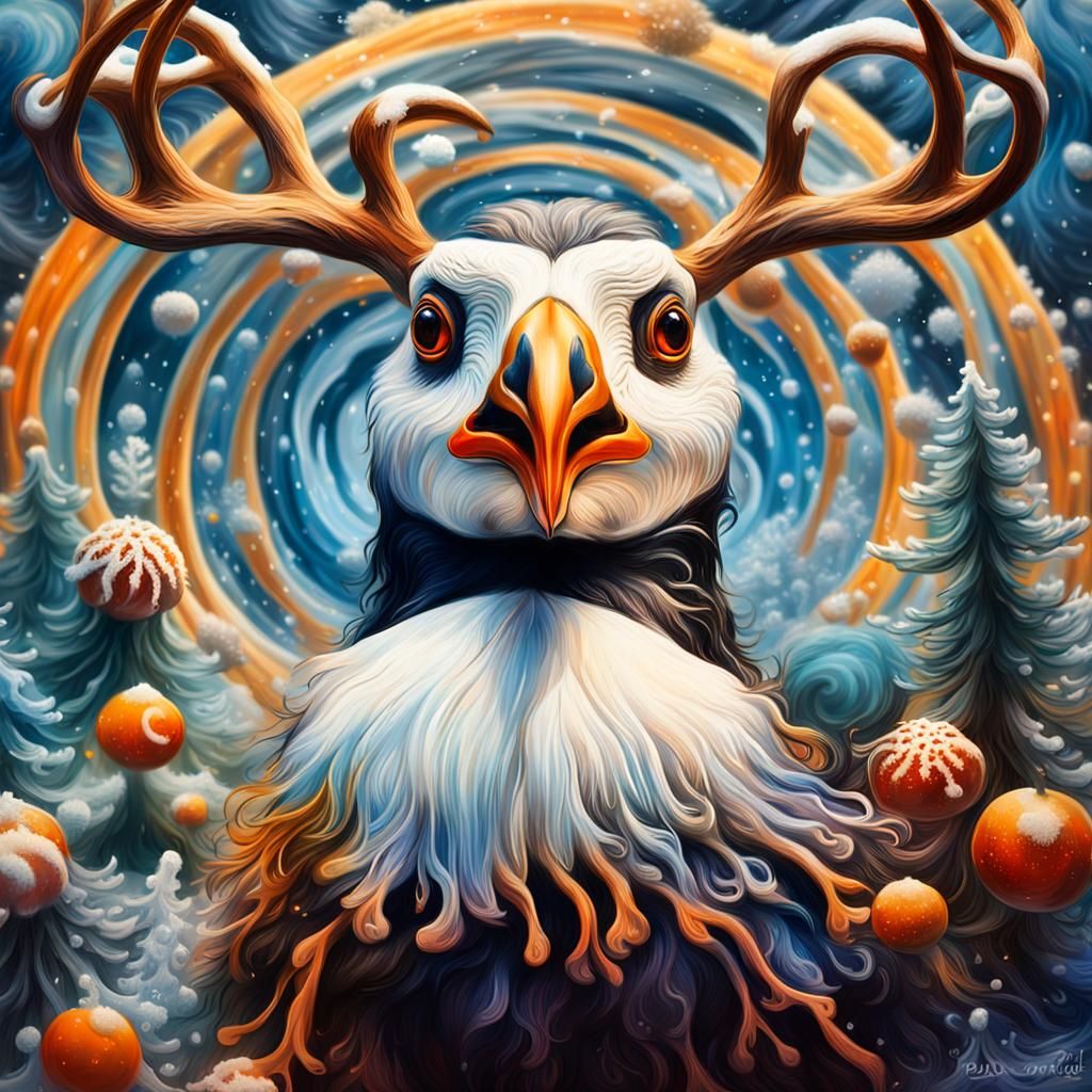 Father Christmas Puffin Bird in Snowy Surrealism