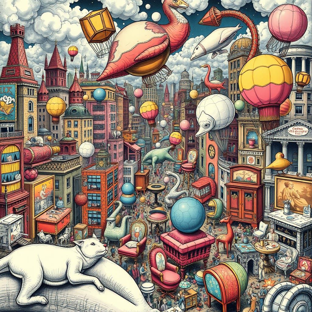 Dreamlike Cityscape Overwhelmed by Inflatable Chaos