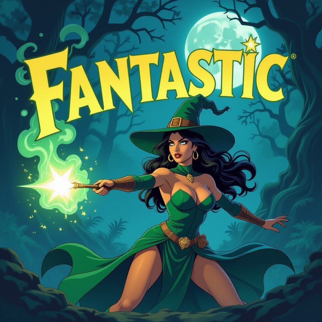 Alluring Witch Casts Spell, Forming 'FANTASTIC' in Smoke