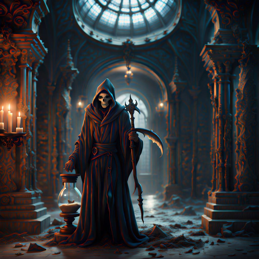 Man Traps Grim Reaper in Hourglass: Fantasy Art
