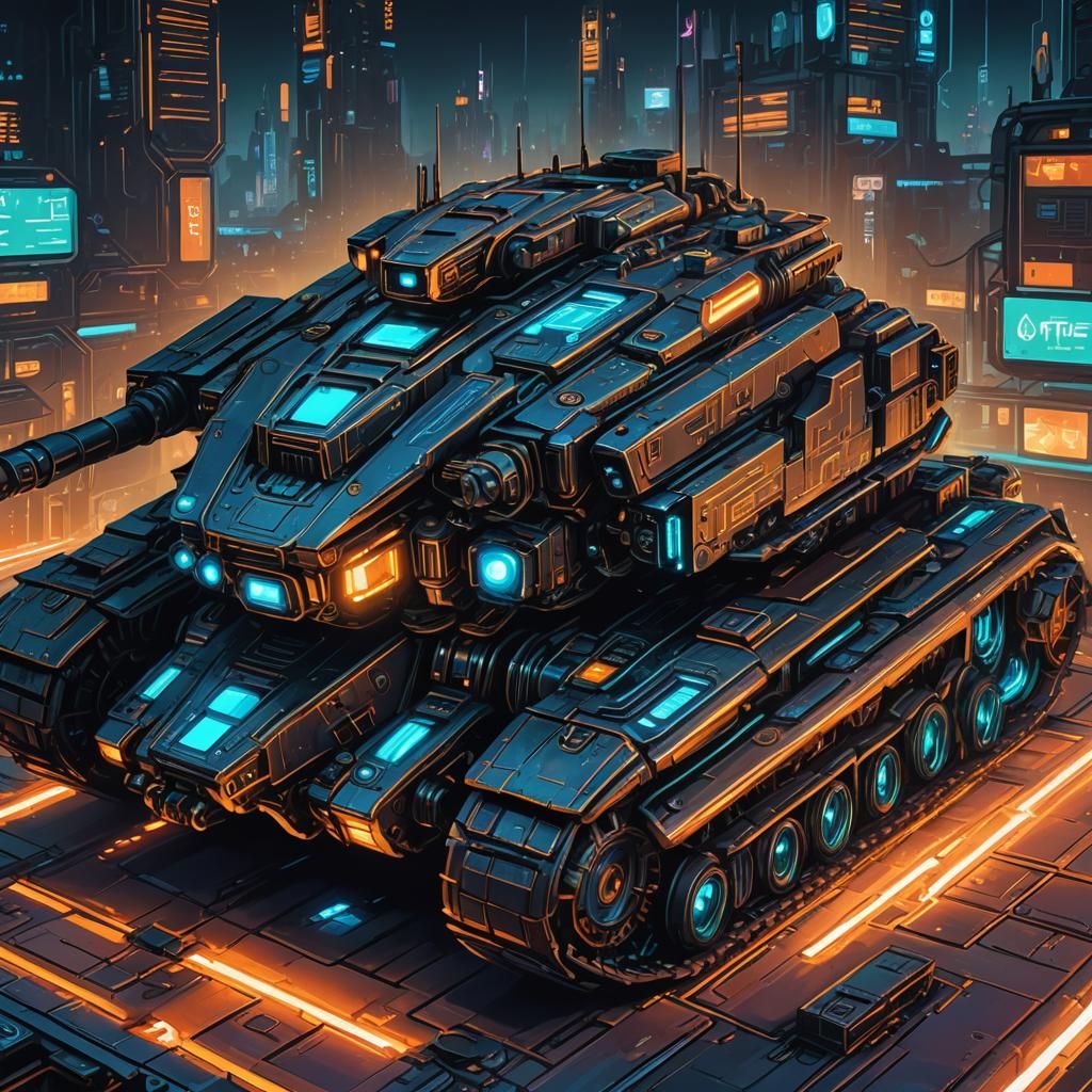Cyberpunk Tank in Neon Cityscape: Digital Art