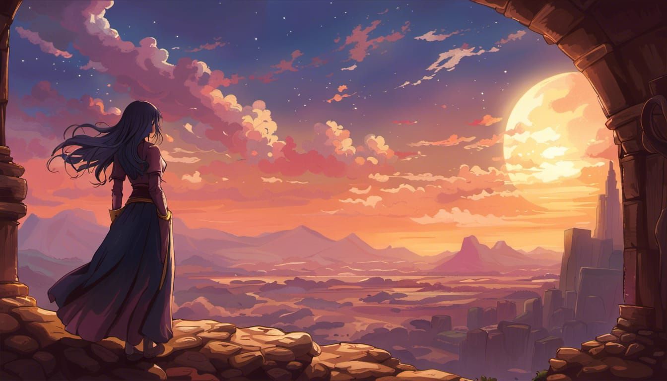 Fantasy Desert Tomb with Cat Girl in Anime Art