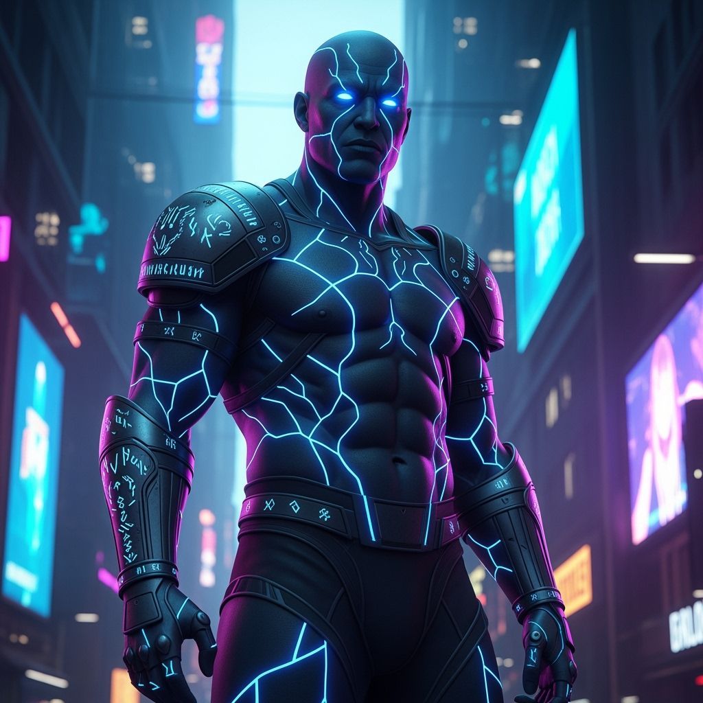 Cyberpunk Guardian with Glowing Runes
