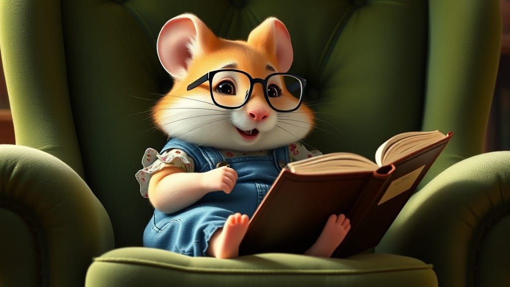 Adorable Hamster Girl Immersed in Whimsical Reading Nook