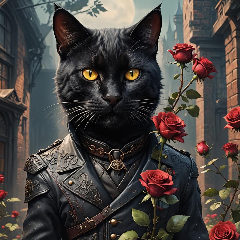 Black Cat in Leather with Rose: Fantasy Concept Art
