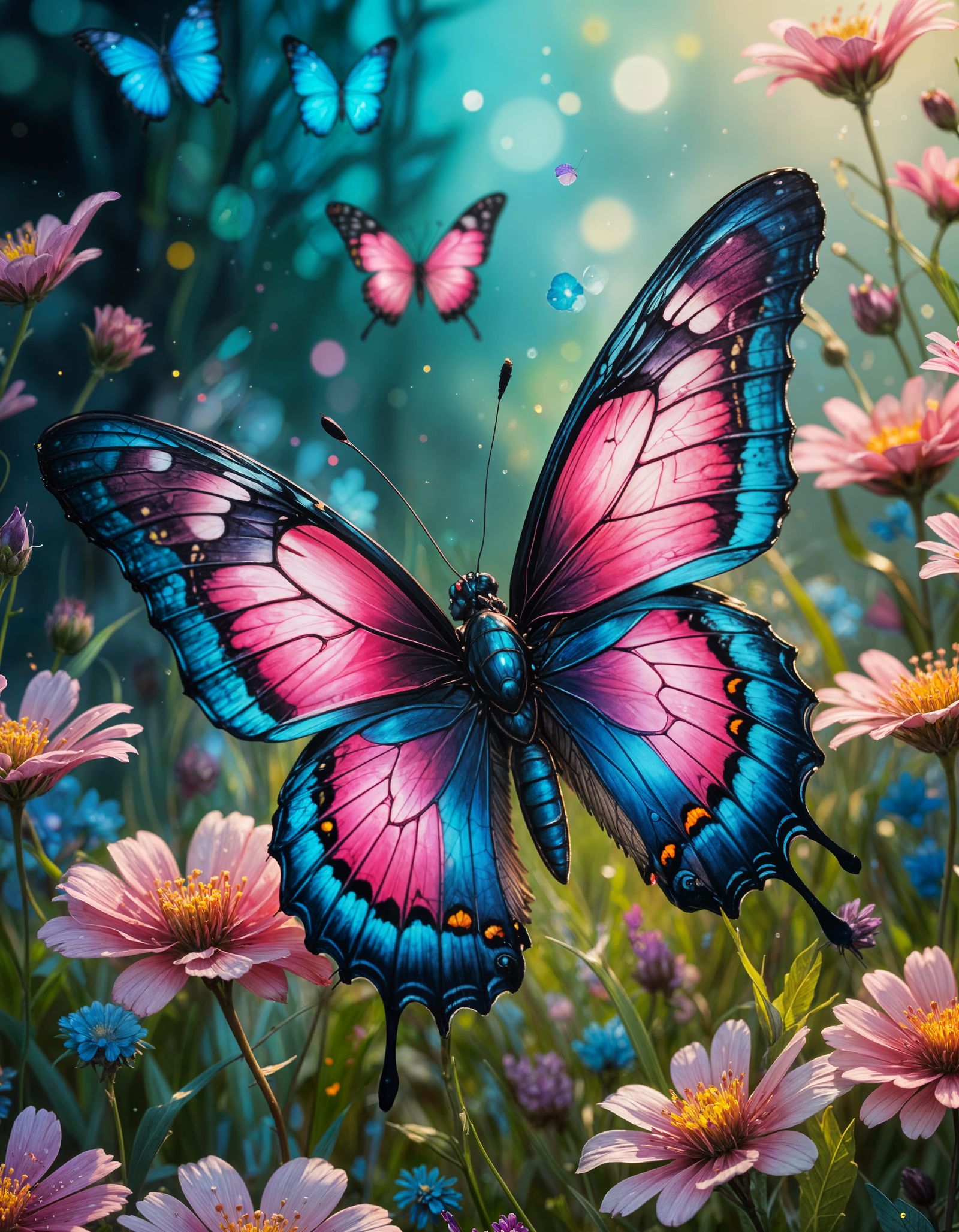 Neon Butterfly in Misty Meadow, Alcohol Ink Painting