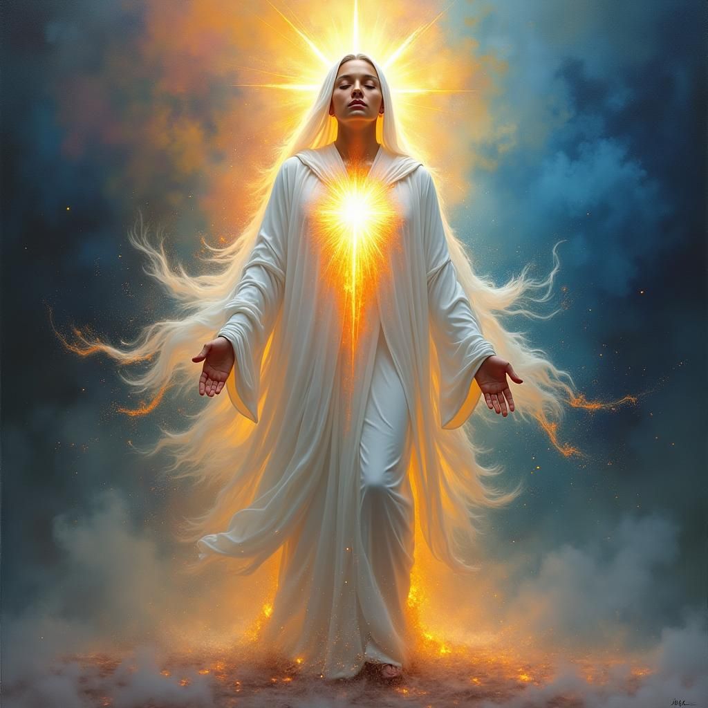 Radiant Figure in White Robes, Dreamlike Art