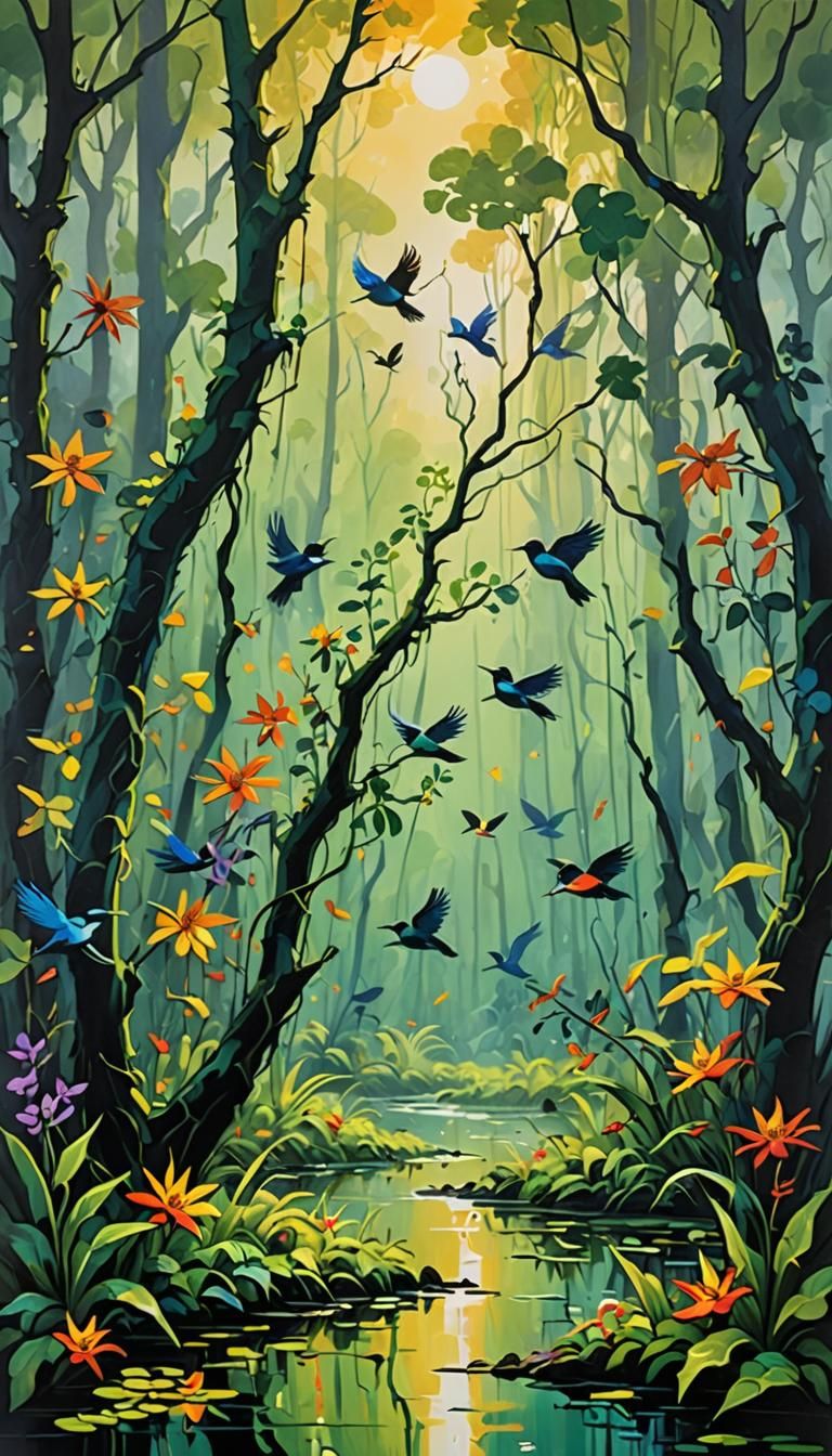 Fauvist Birds Singing in Misty Swamp Forest