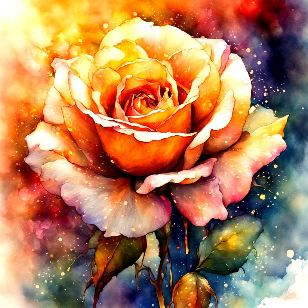 Fantasy Rose with Colourful Runny Inks