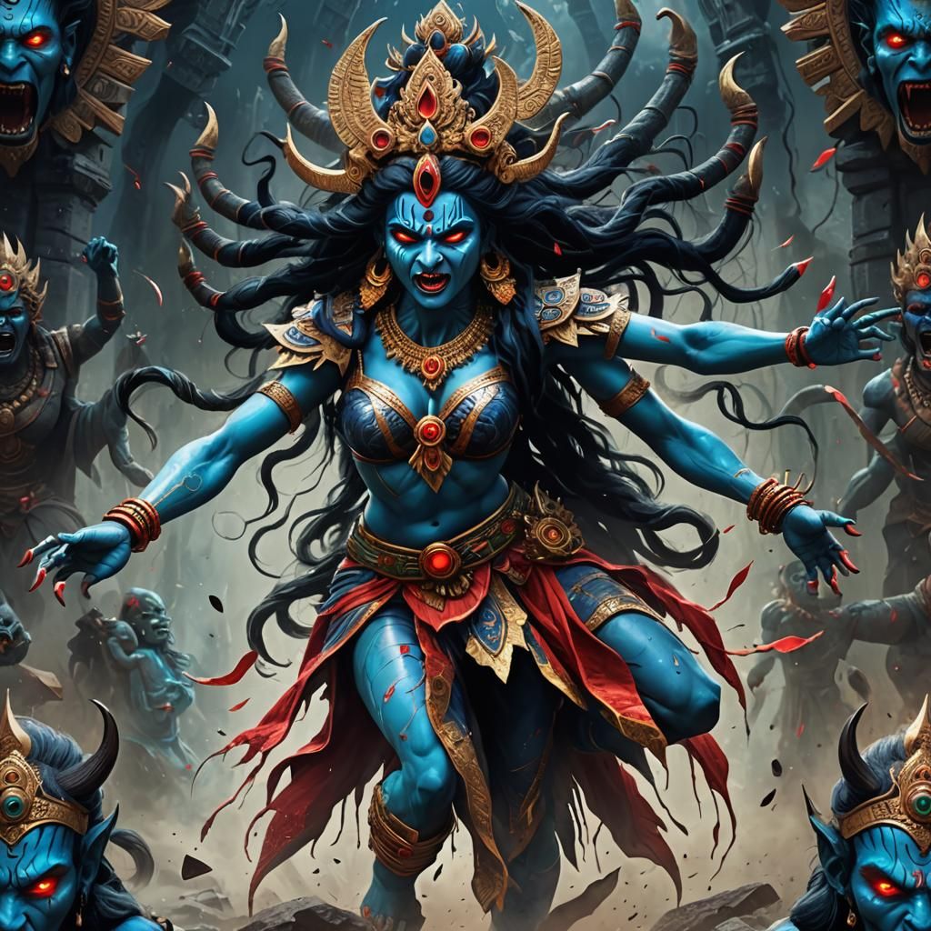 Blue Skinned Kali Goddess in a Cosmic Dance