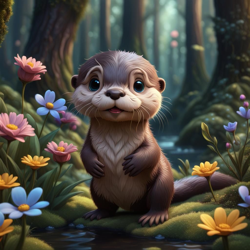 Cute Baby Otter in Forest, Disney Pixar Style