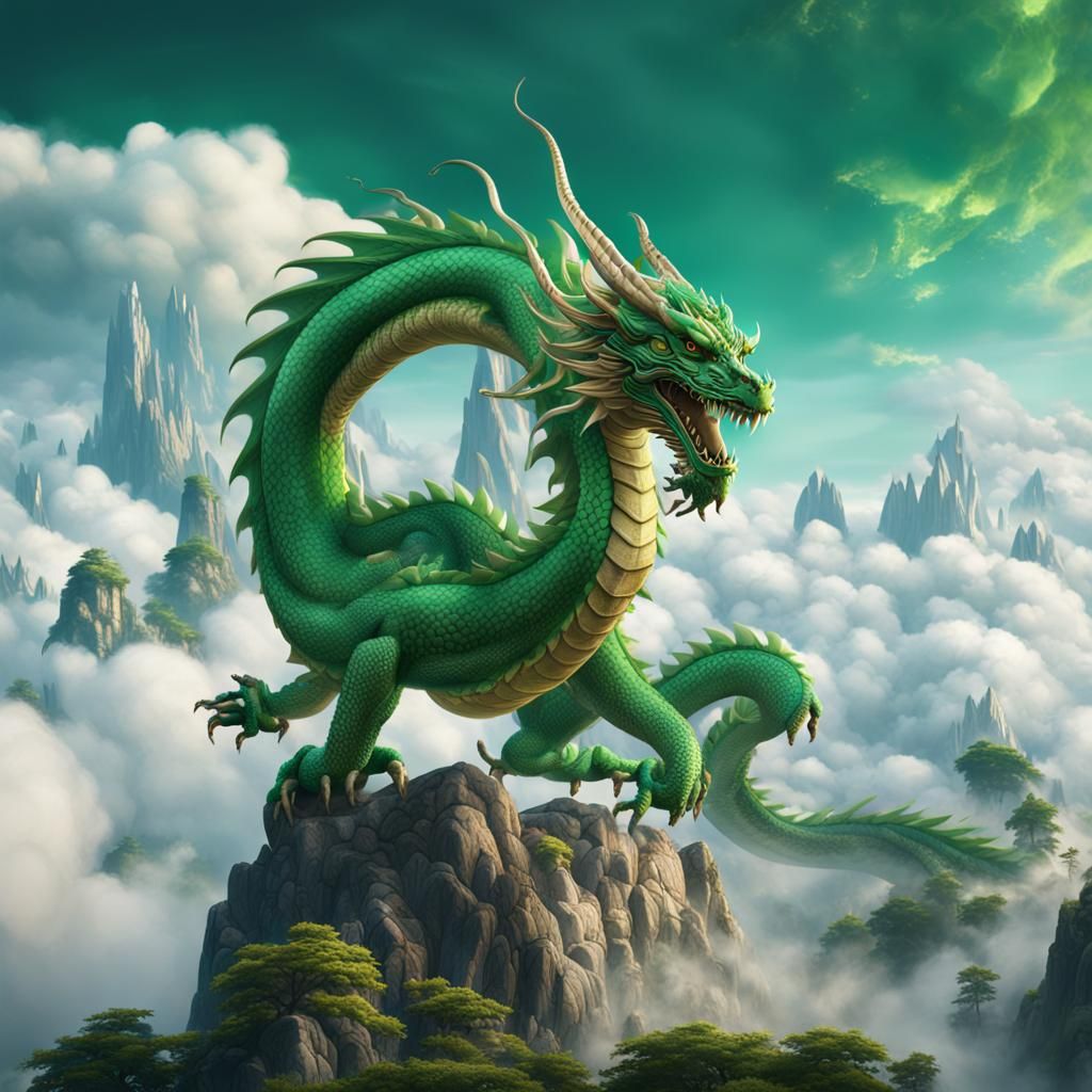 Majestic Green Chinese Dragon Rises Above Clouds