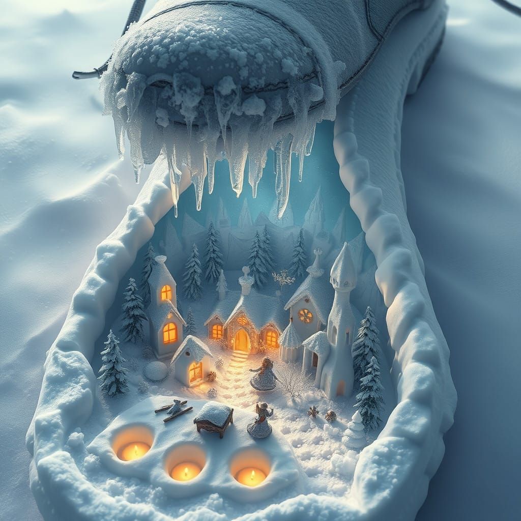 Delicate Ice Village Amidst a Snowy Shoe-Print