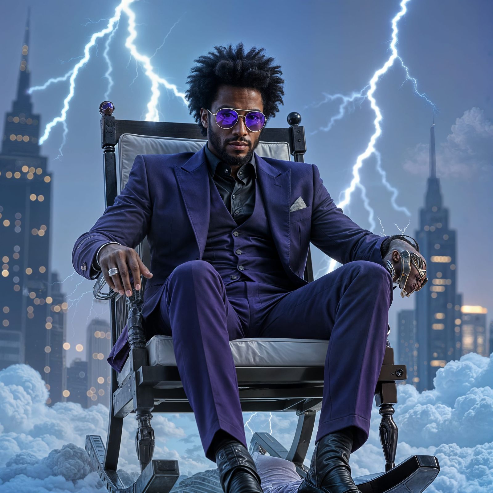 Man on Cloud Rocking Chair Throws Lightning Bolts